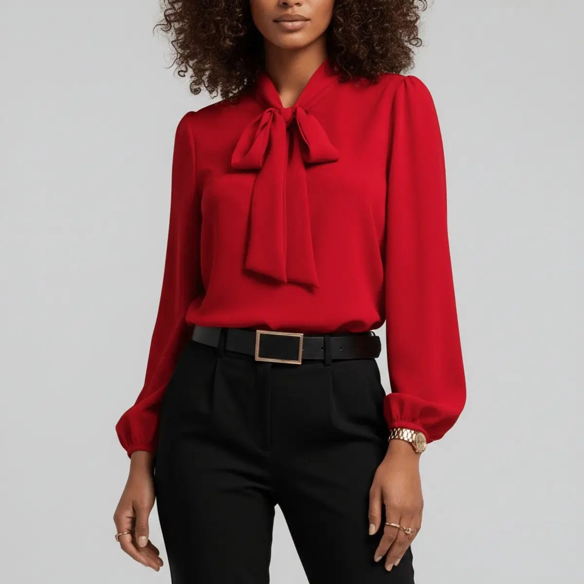 Women's Relaxed Fit Bow Tie Neck Long Sleeve Blouse