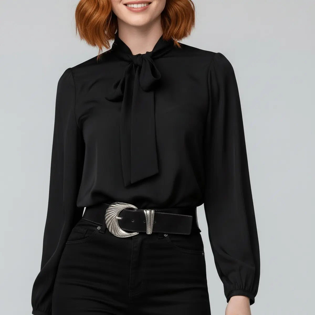 Women's Relaxed Fit Bow Tie Neck Long Sleeve Blouse