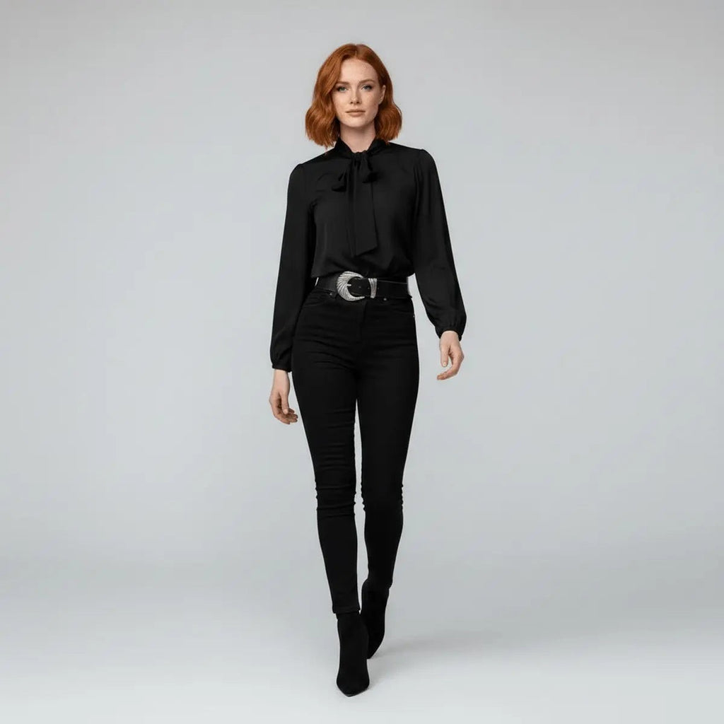 Women's Relaxed Fit Bow Tie Neck Long Sleeve Blouse