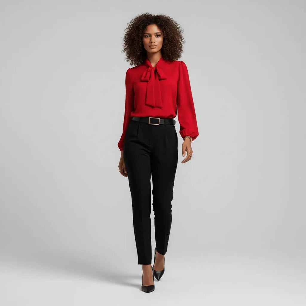 Women's Relaxed Fit Bow Tie Neck Long Sleeve Blouse
