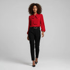 Women's Relaxed Fit Bow Tie Neck Long Sleeve Blouse