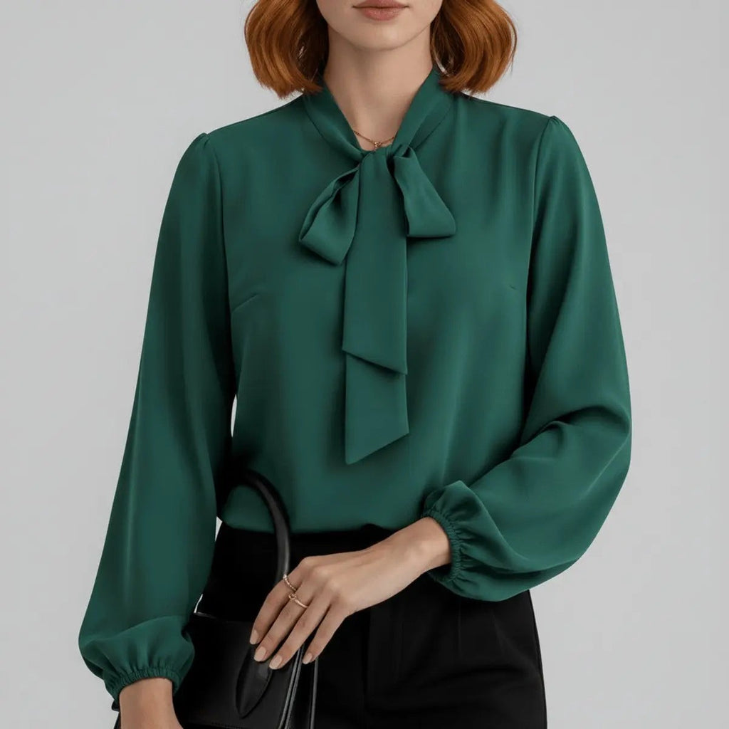 Women's Relaxed Fit Bow Tie Neck Long Sleeve Blouse