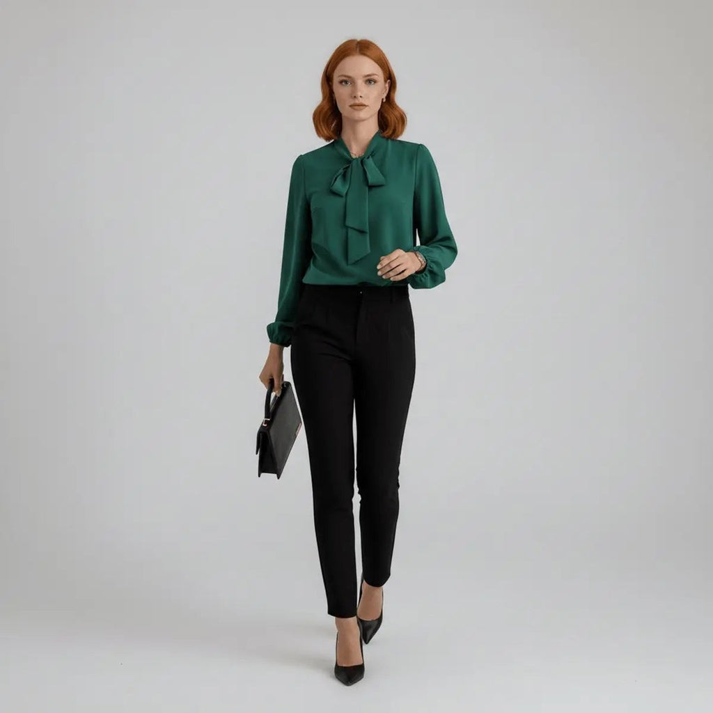 Women's Relaxed Fit Bow Tie Neck Long Sleeve Blouse