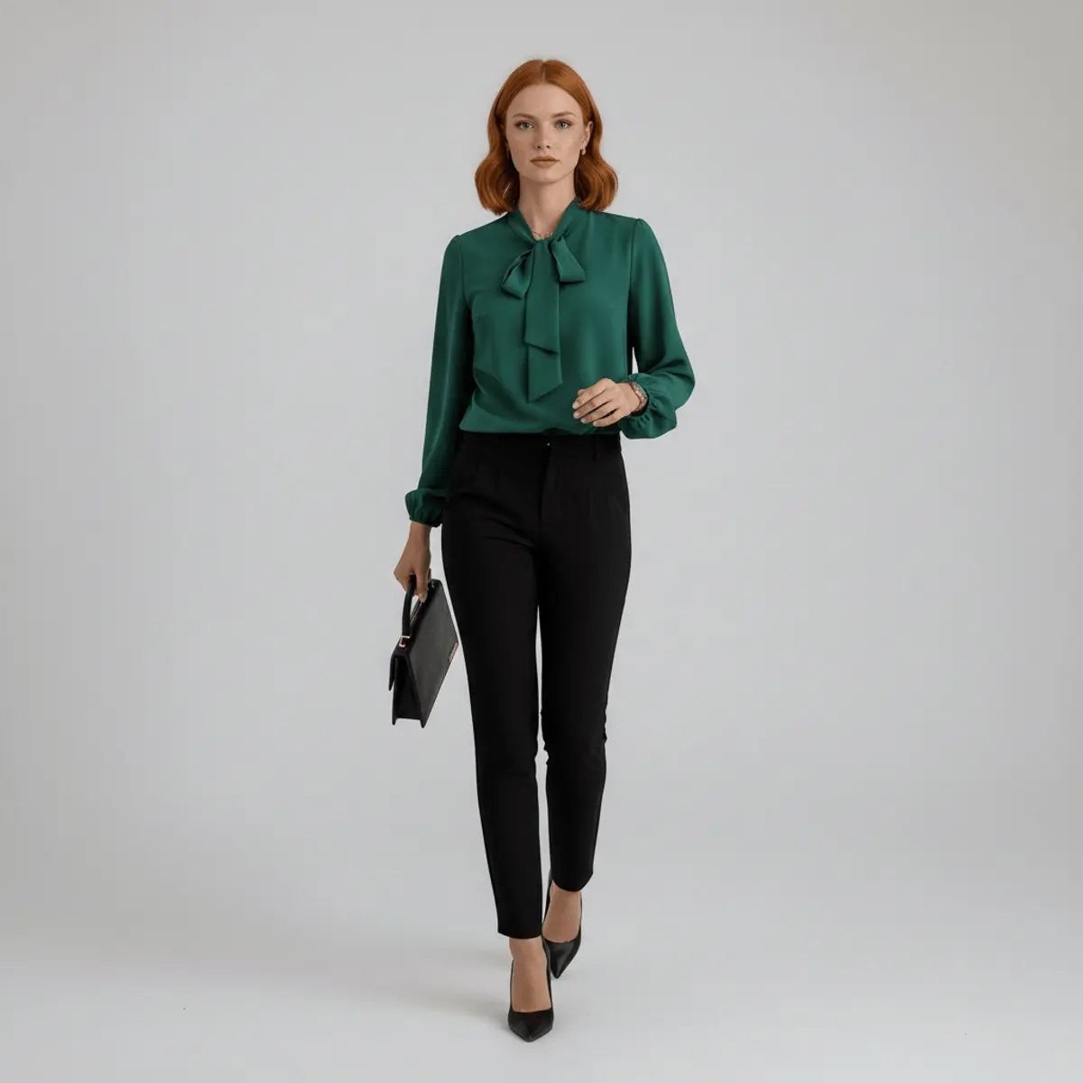Women's Relaxed Fit Bow Tie Neck Long Sleeve Blouse