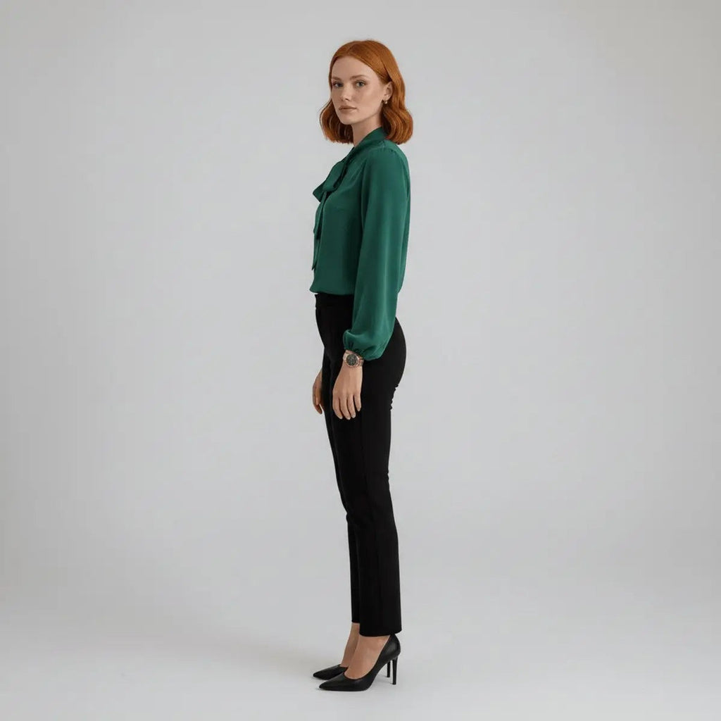 Women's Relaxed Fit Bow Tie Neck Long Sleeve Blouse