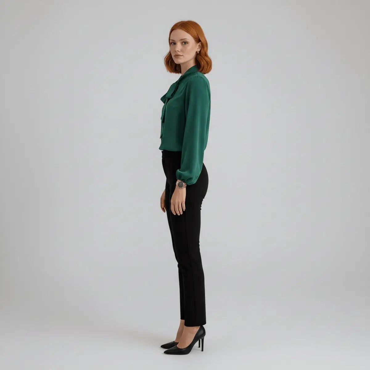 Women's Relaxed Fit Bow Tie Neck Long Sleeve Blouse