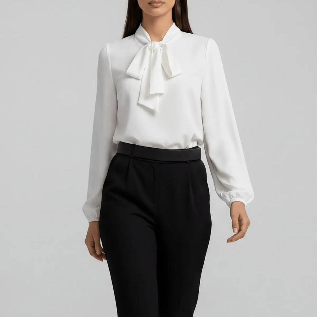Women's Relaxed Fit Bow Tie Neck Long Sleeve Blouse