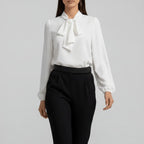 Women's Relaxed Fit Bow Tie Neck Long Sleeve Blouse