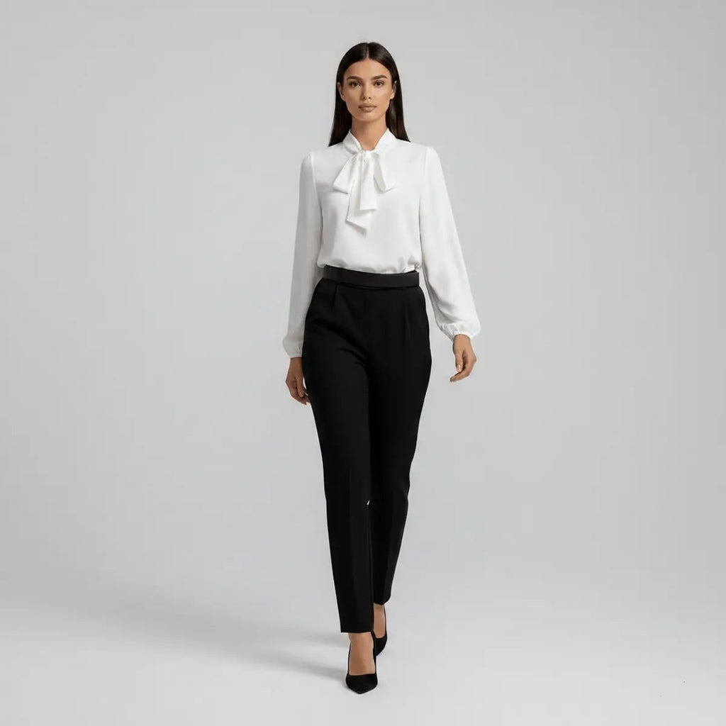 Women's Relaxed Fit Bow Tie Neck Long Sleeve Blouse