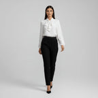Women's Relaxed Fit Bow Tie Neck Long Sleeve Blouse