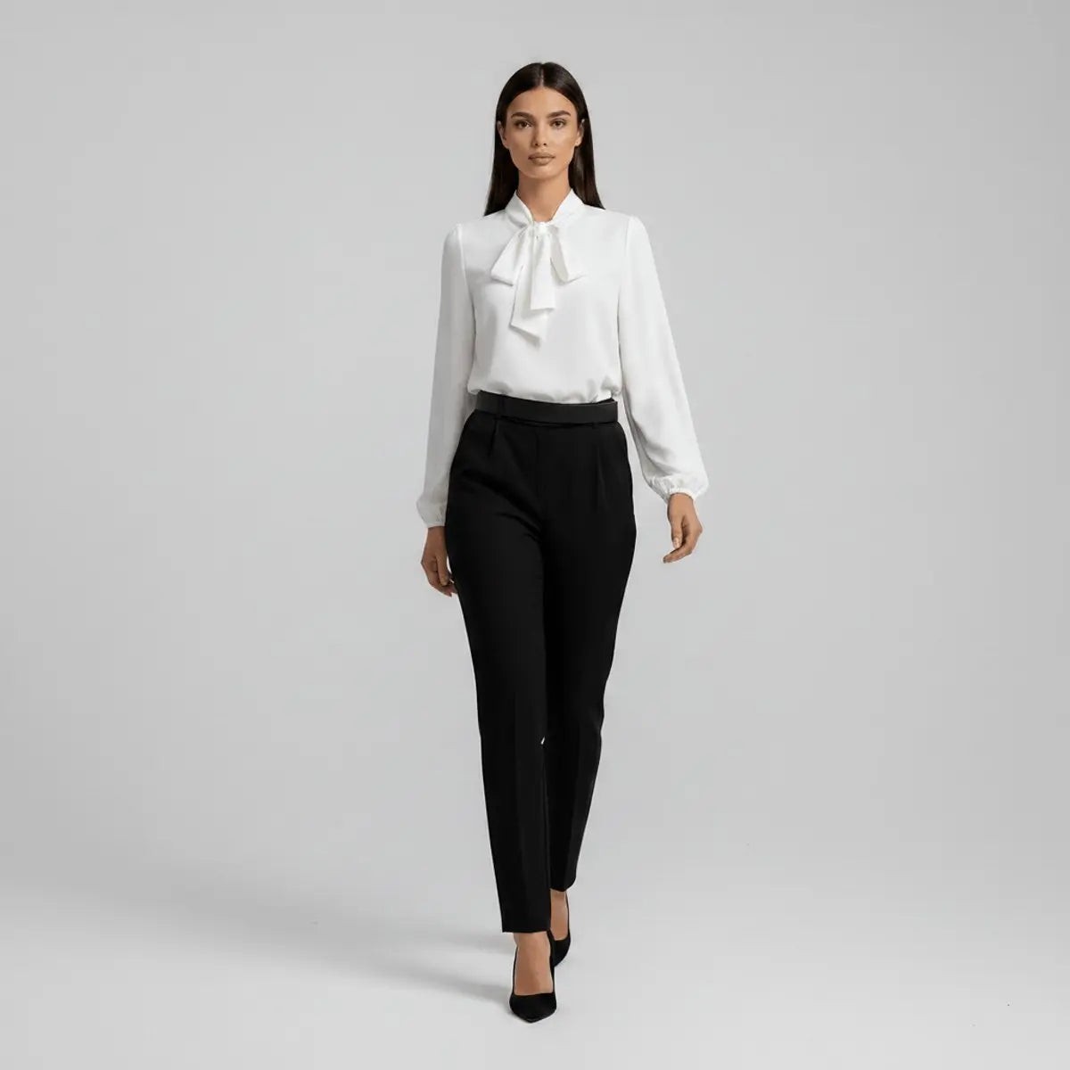 Women's Relaxed Fit Bow Tie Neck Long Sleeve Blouse