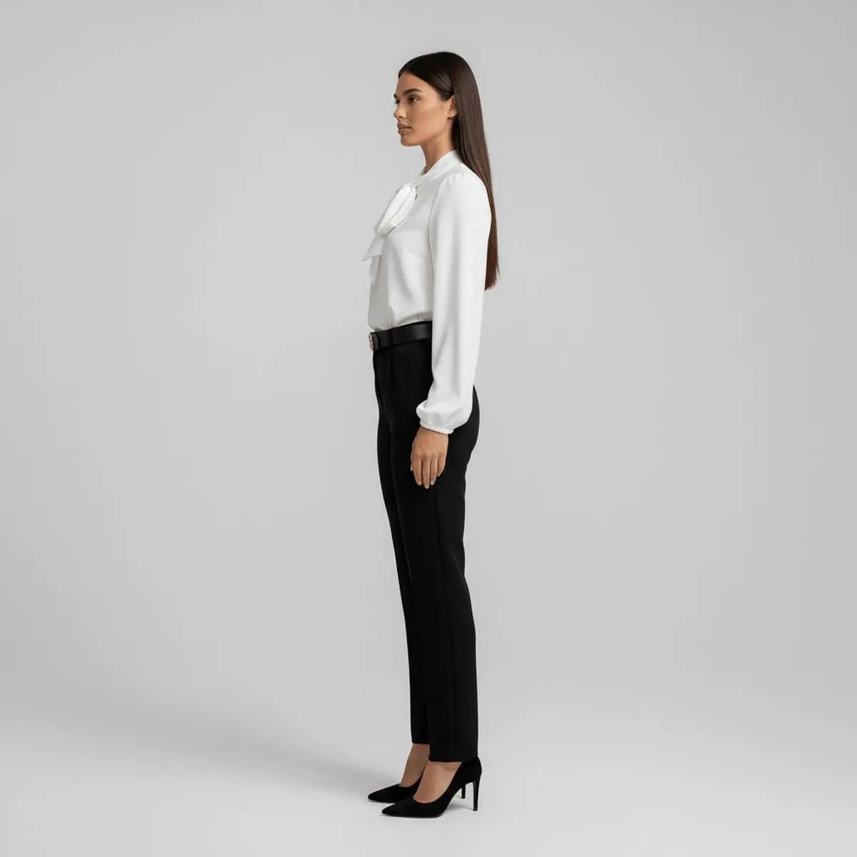 Women's Relaxed Fit Bow Tie Neck Long Sleeve Blouse