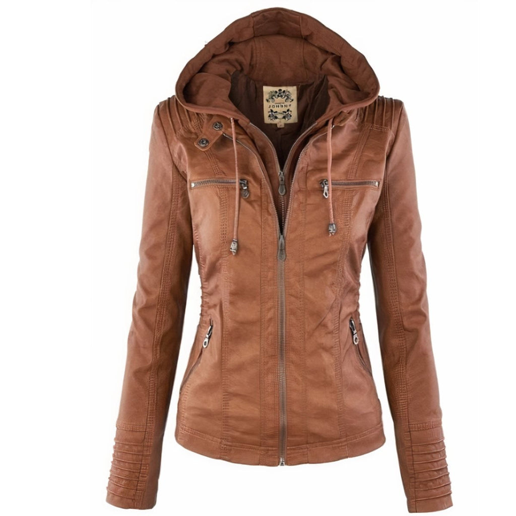 Women's Slim Fit Vegan Leather Moto Jacket with Removable Hood