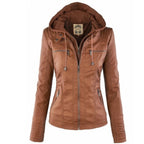 Women's Slim Fit Vegan Leather Moto Jacket with Removable Hood
