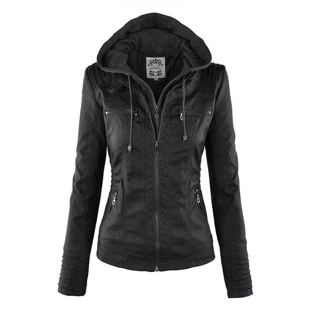 Women's Slim Fit Vegan Leather Moto Jacket with Removable Hood