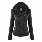 Women's Slim Fit Vegan Leather Moto Jacket with Removable Hood