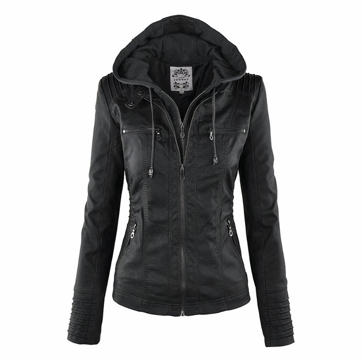 Women's Slim Fit Vegan Leather Moto Jacket with Removable Hood