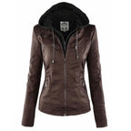 Women's Slim Fit Vegan Leather Moto Jacket with Removable Hood