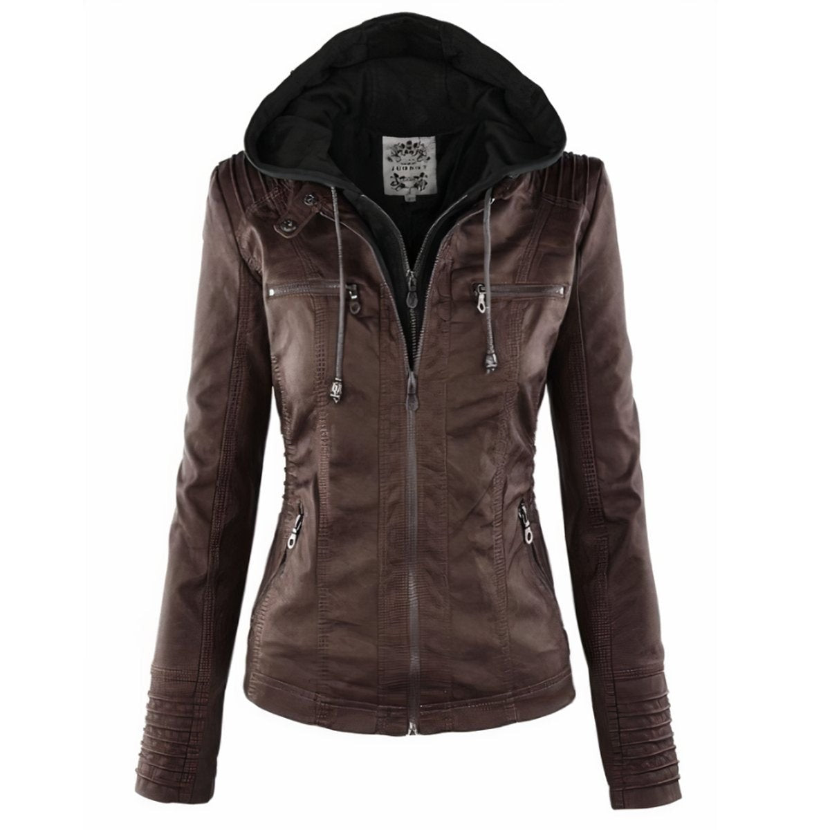 Women's Slim Fit Vegan Leather Moto Jacket with Removable Hood