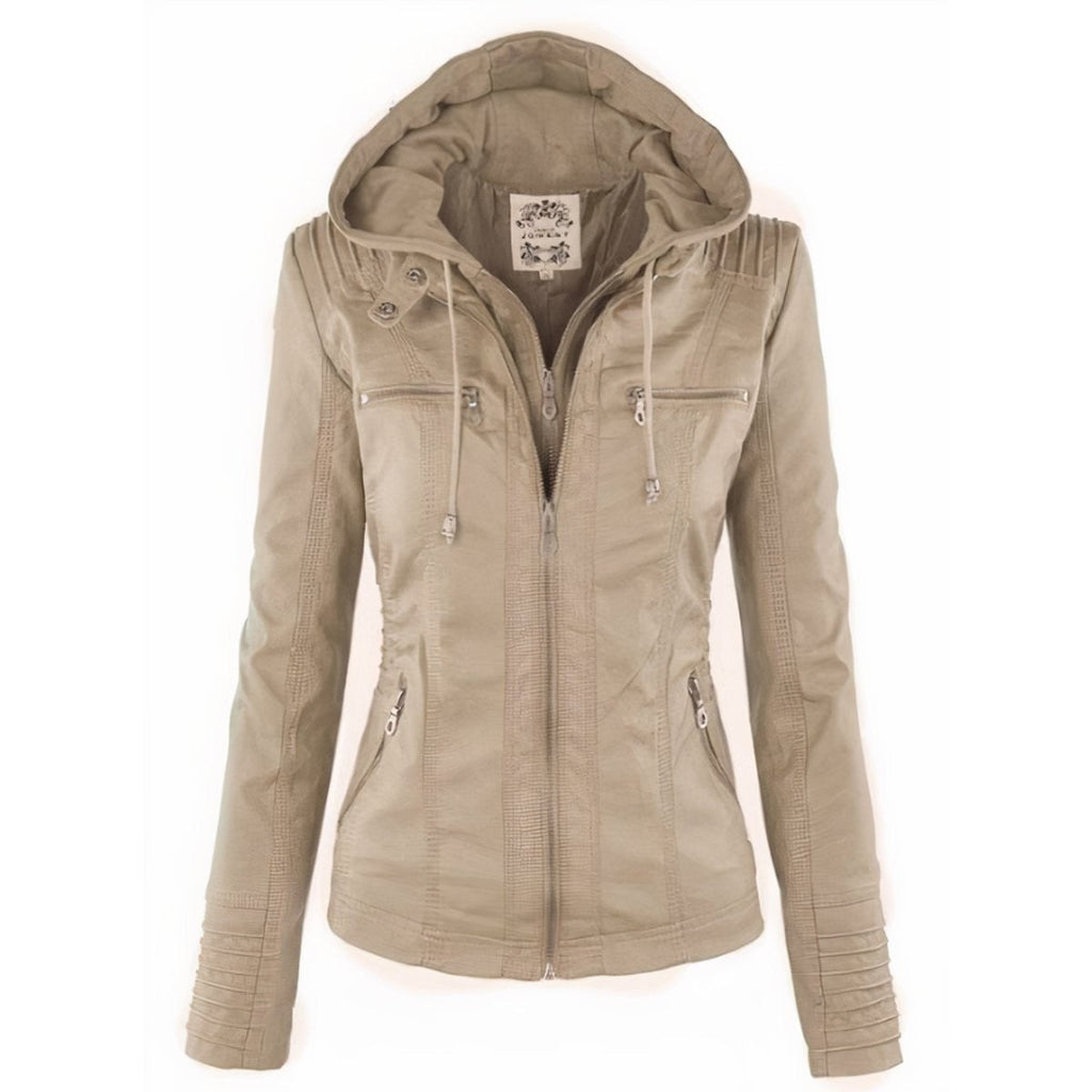 Women's Slim Fit Vegan Leather Moto Jacket with Removable Hood