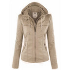 Women's Slim Fit Vegan Leather Moto Jacket with Removable Hood