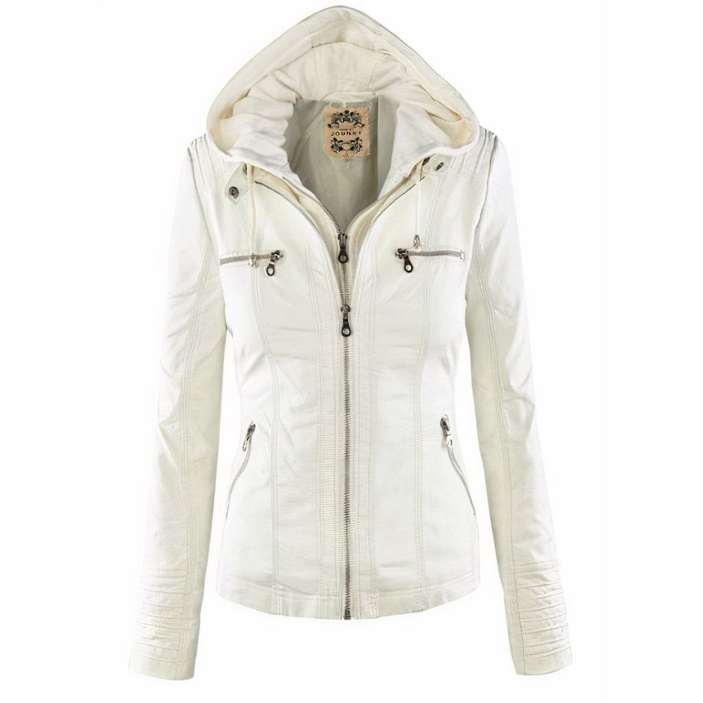 Women's Slim Fit Vegan Leather Moto Jacket with Removable Hood