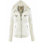 Women's Slim Fit Vegan Leather Moto Jacket with Removable Hood
