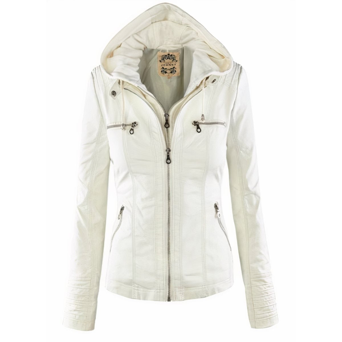 Women's Slim Fit Vegan Leather Moto Jacket with Removable Hood